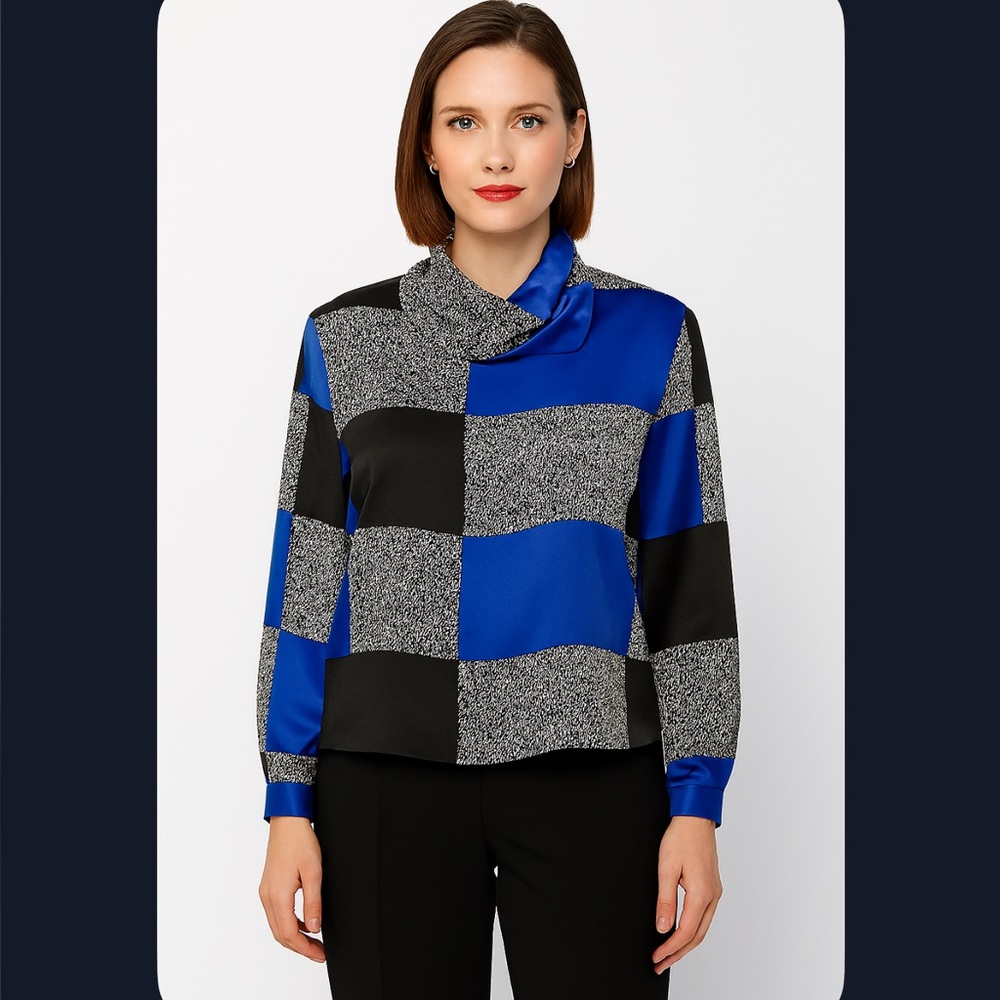 Vintage Lloyd Williams Blk/Blue Geometric Silky Blouse Women’s Size M